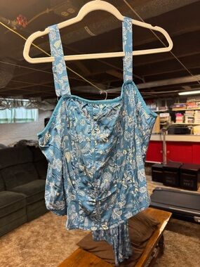 Blue Floral Button-Front Corset TankTop